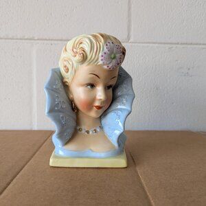 Vintage Ucagco Ceramic Japan Lady Head Planter Vase Blue Edwardian Blonde‎ Hair